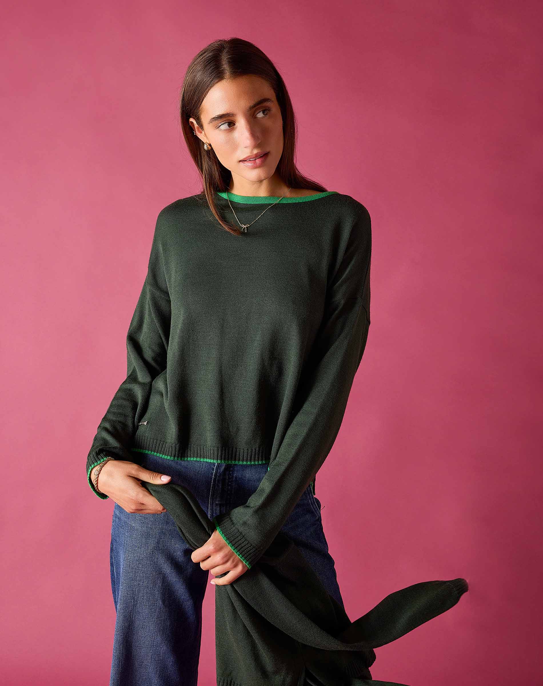 Pine green knit sweater with a crew neck and contrasting trim detail.