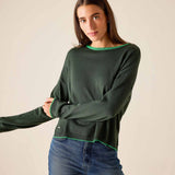Pine green knit sweater with a bright lime trim and long sleeves.