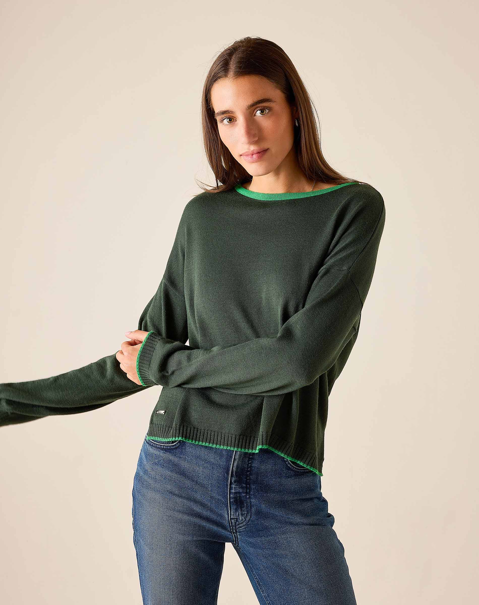 Pine green knit sweater with a bright lime trim and long sleeves.