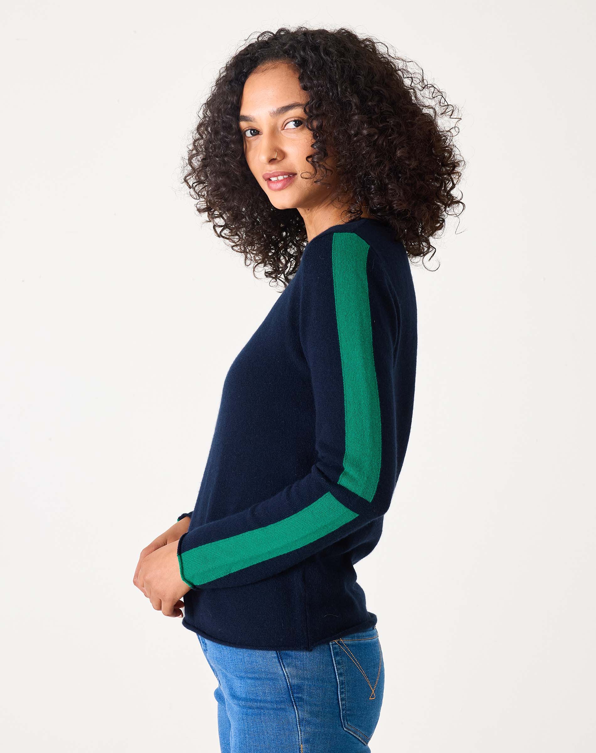 Women's Navy Green Striped Cashmere Sweater