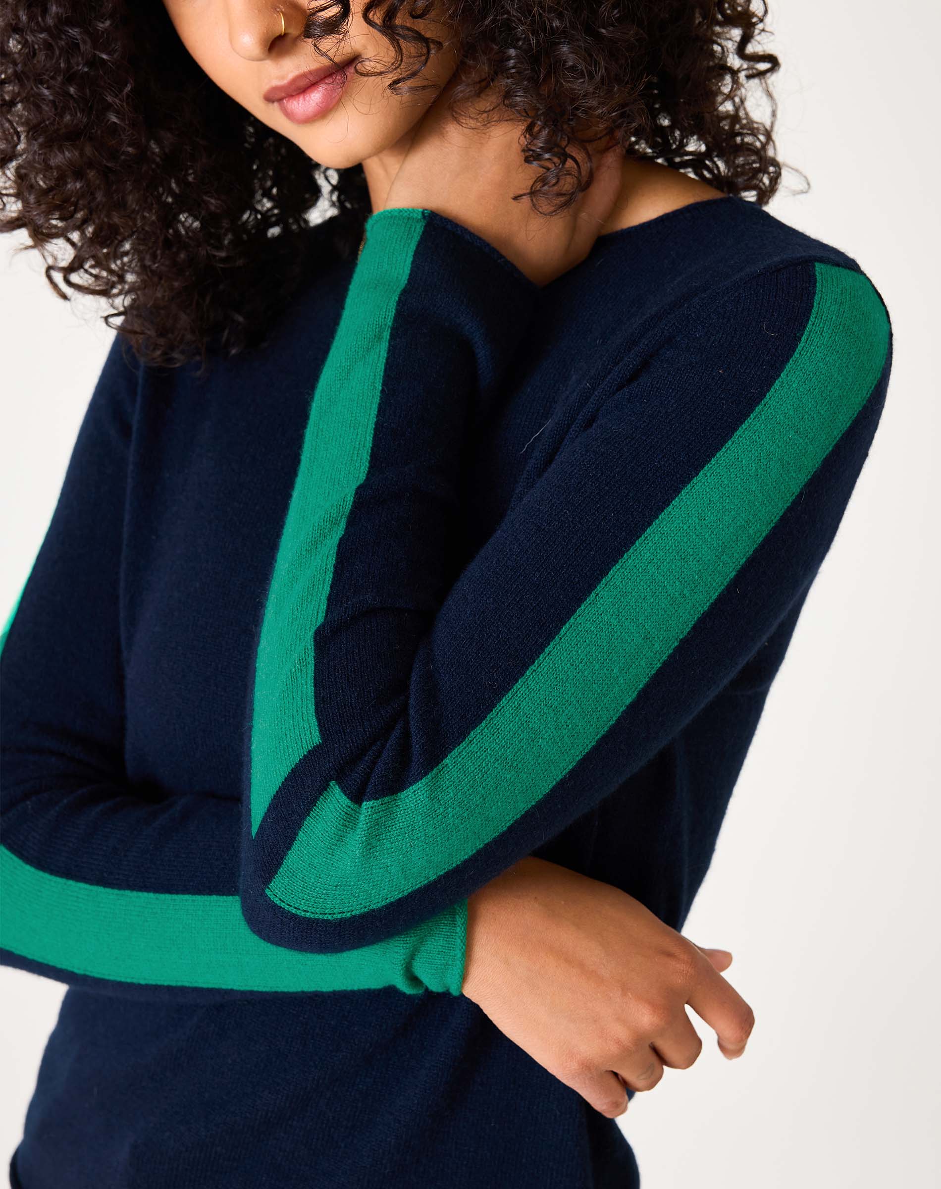 Women's Navy Green Striped Cashmere Sweater