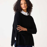 Black cashmere knit sweater with a relaxed fit and draped hem.