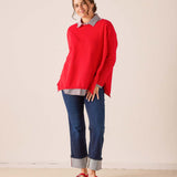Scarlet red oversized knit cashmere sweater with relaxed fit.