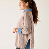 Toast color relaxed fit cashmere sweater with layered denim details