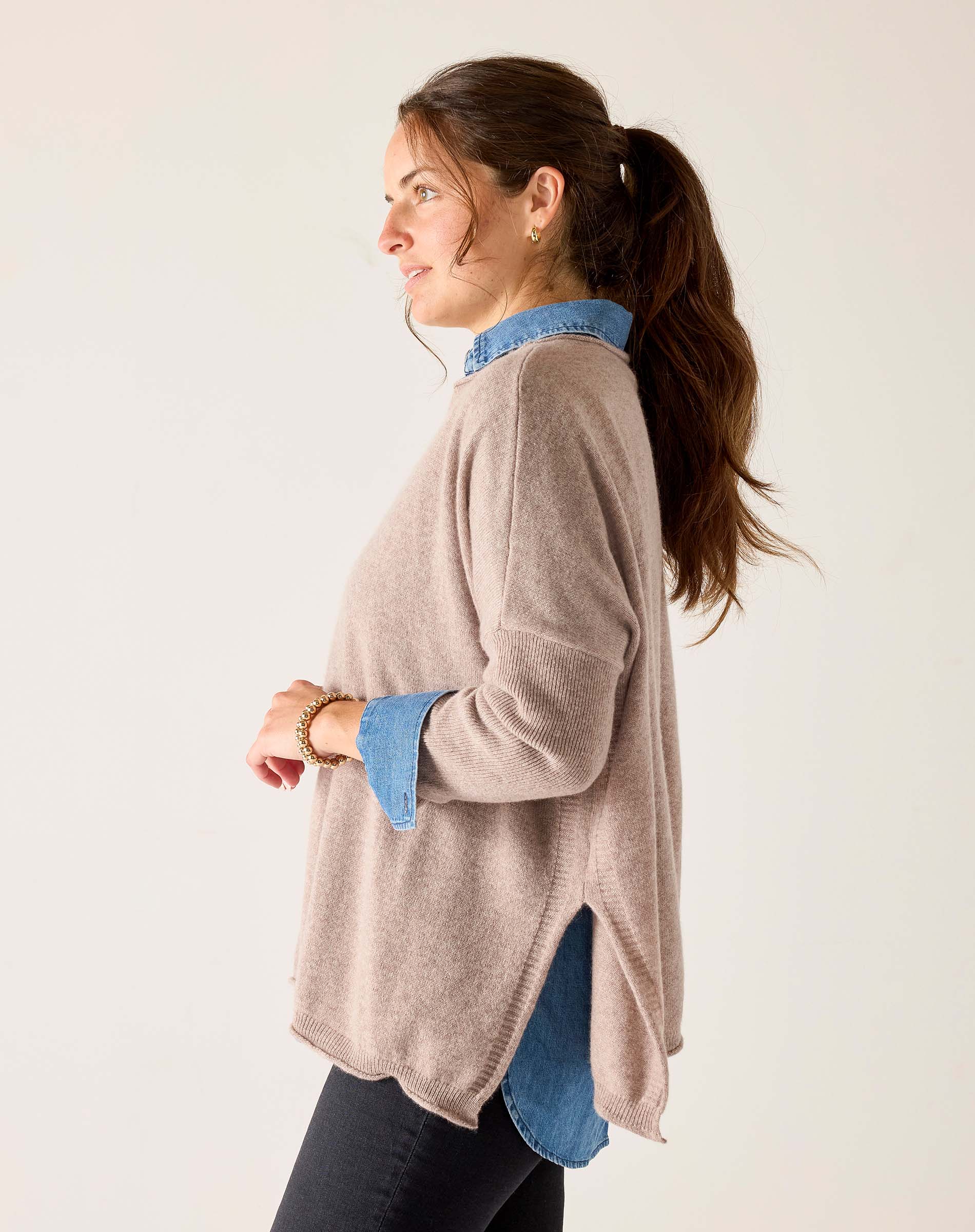 Toast color relaxed fit cashmere sweater with layered denim details