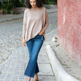 Toast color oversized knit cashmere sweater with dropped shoulders and relaxed fit.