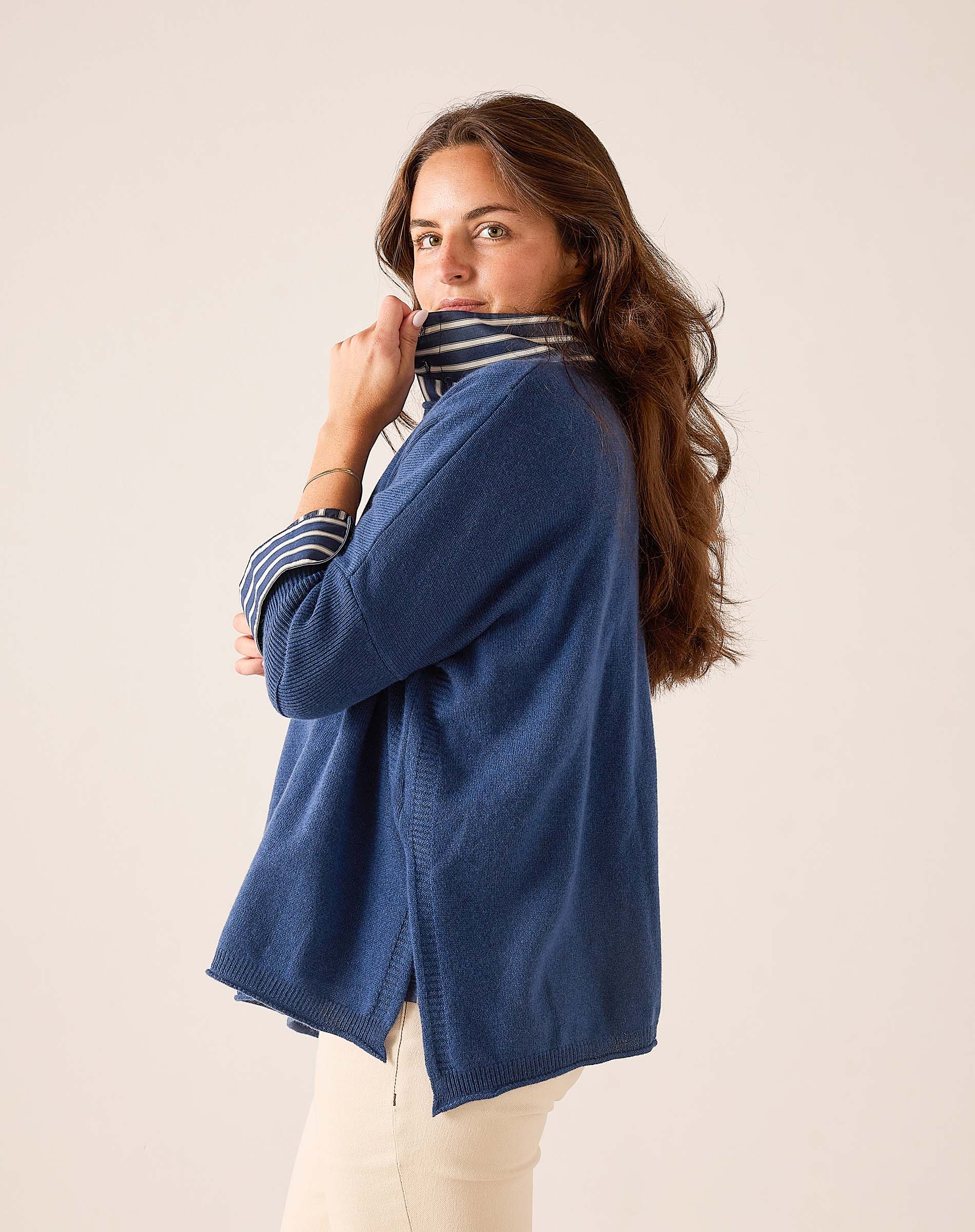 Yale blue relaxed-fit cashmere knit cardigan with stripe detail.