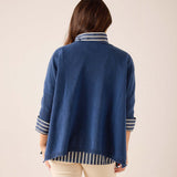 Back view of women's travel-friendly Yale Blue cashmere sweater with striped detailing on the collar and cuffs.