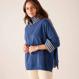 Yale Blue cashmere sweater with striped mock neck and cuffs.