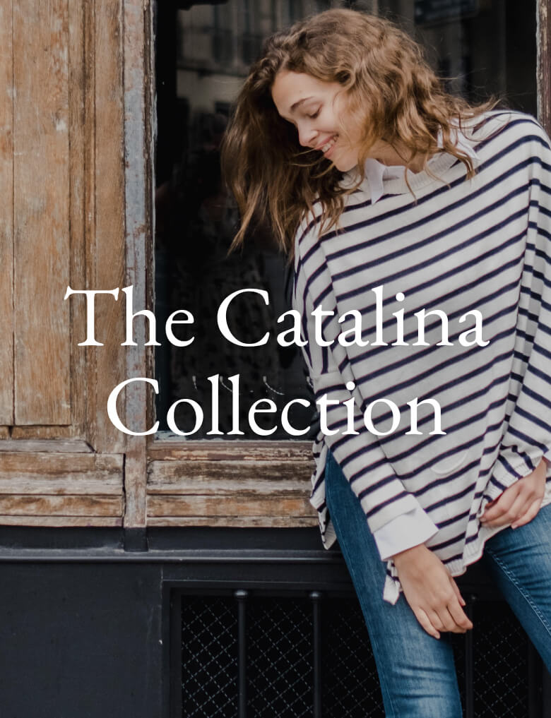 Woman wearing a striped shirt with 'The Catalina Collection' text overlay.