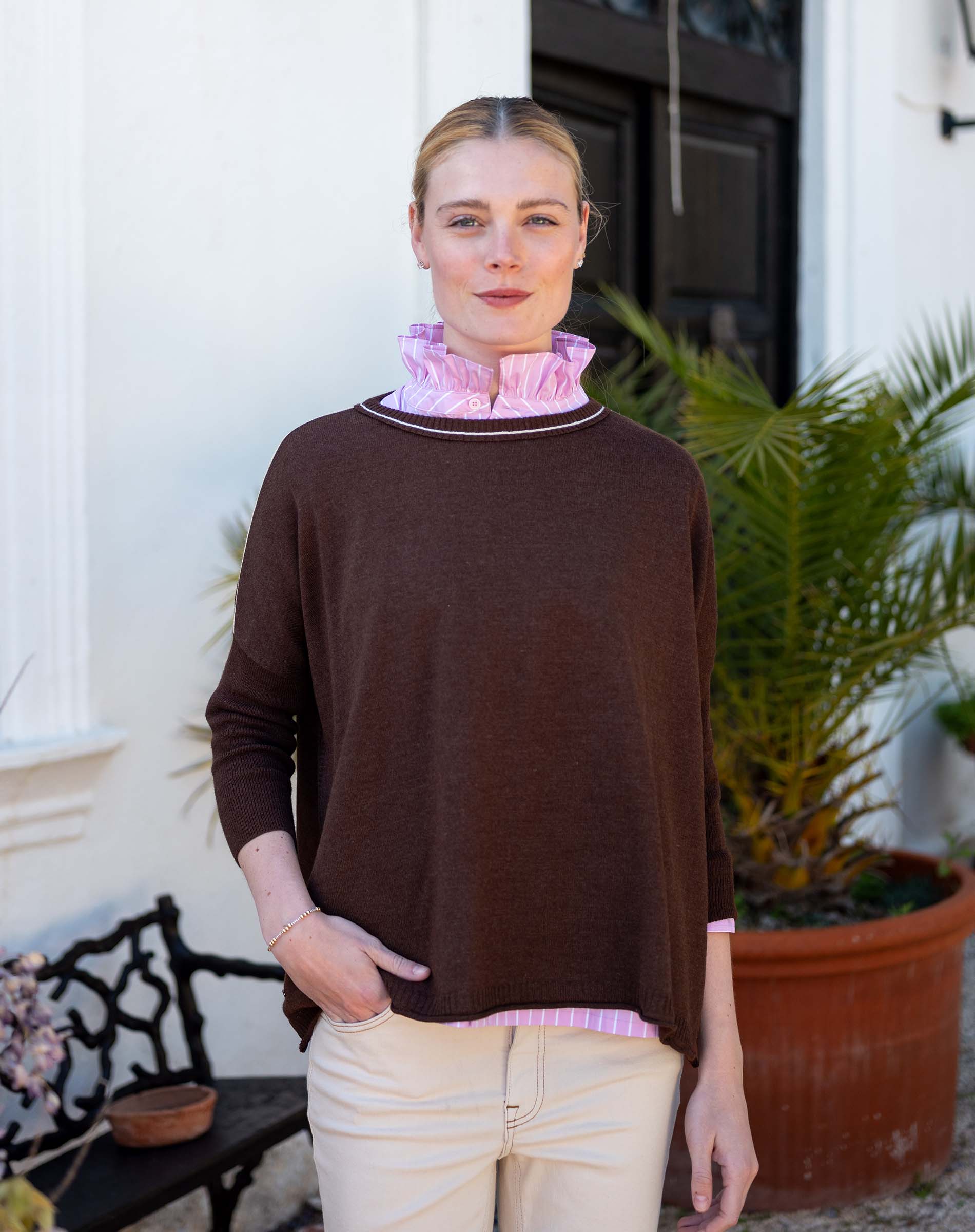 Catalina contrast crewneck in coffee and cream colors.