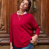 Wine pinkberry contrast crewneck knit top with a white-collared undershirt.