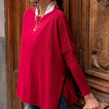 Wine pinkberry contrast crewneck knit top with a long hem and long sleeves.