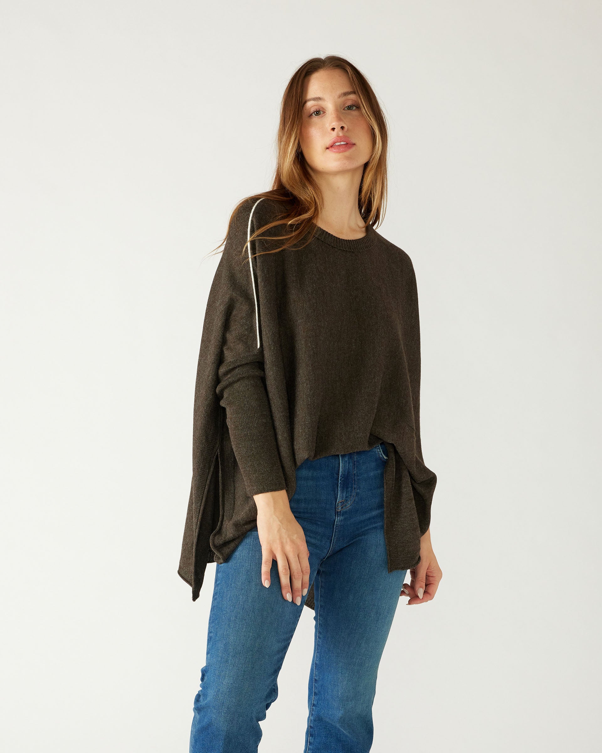 woman wearing mersea catalina contrast sweater in cocoa with white trim