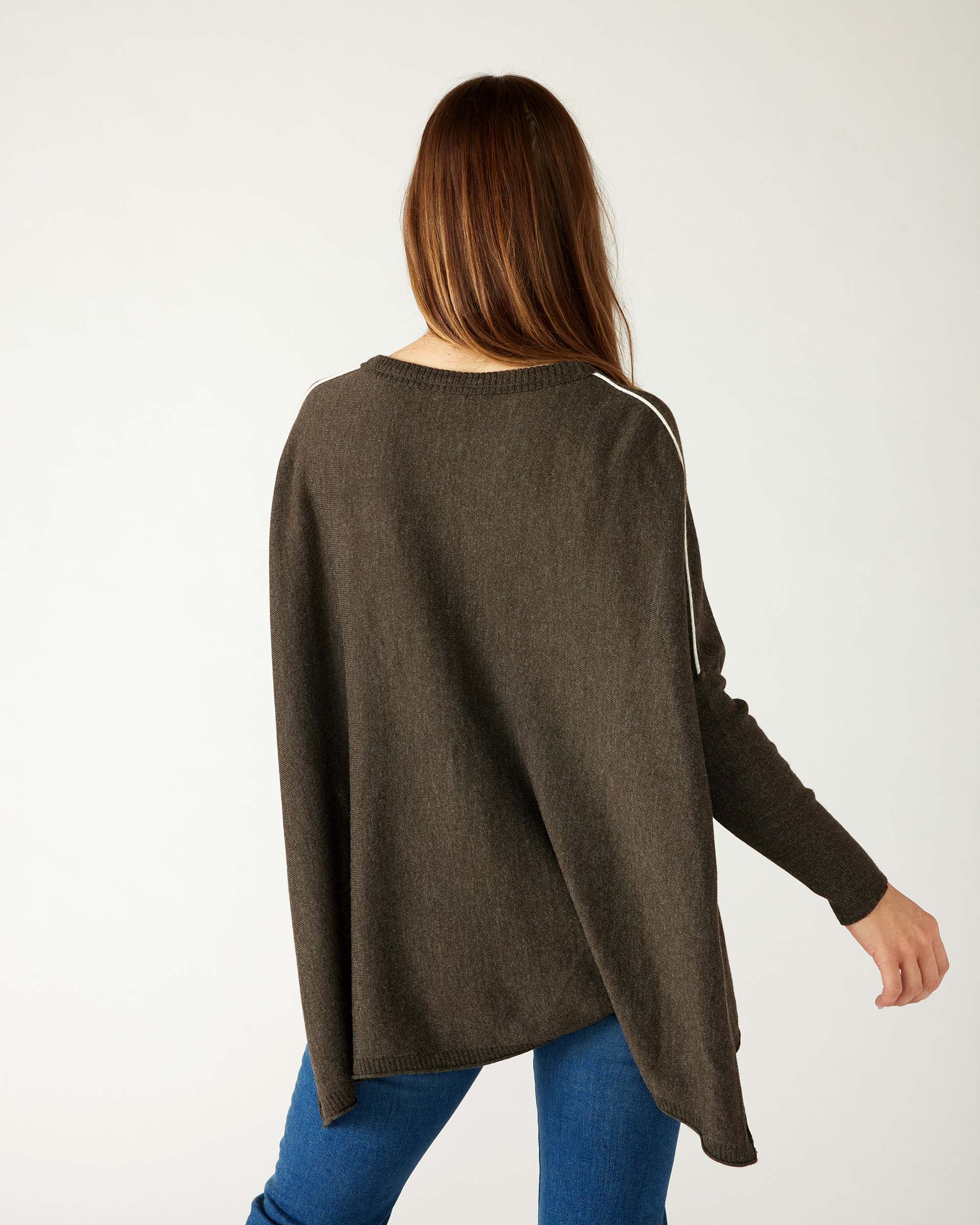 rear view of woman wearing mersea catalina contrast sweater in cocoa with white trim