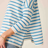 Blue and white striped sweater worn by a person on a plain background