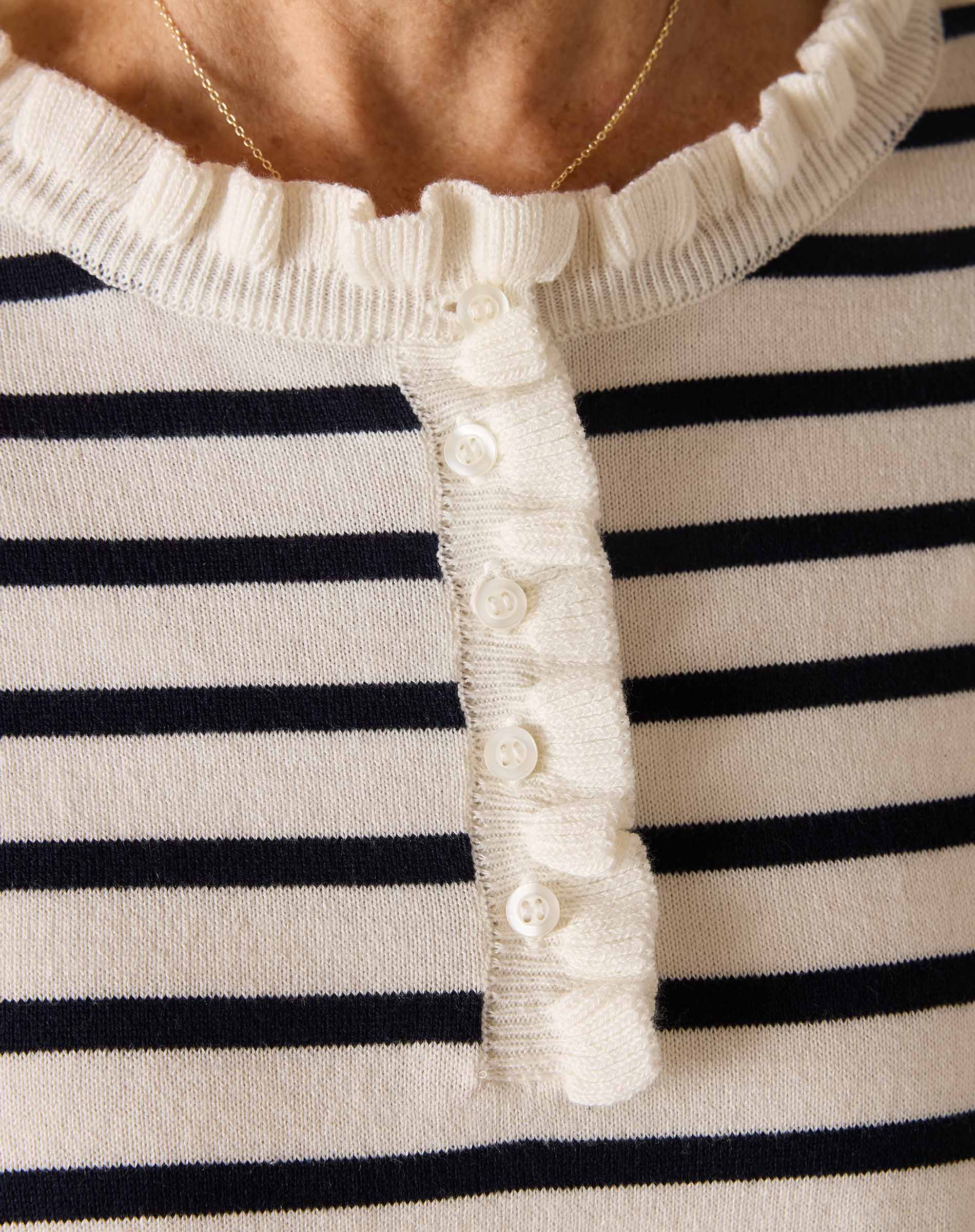 Navy and white striped cotton henley sweater with buttoned placket