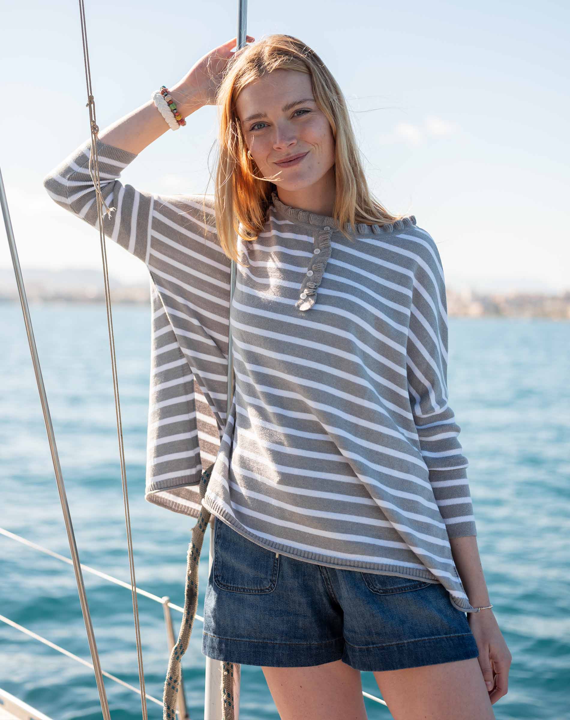Grey striped cotton ruffle henley top