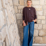 MERSEA women's travel-friendly walnut and marine striped ruffle henley in a cotton knit.