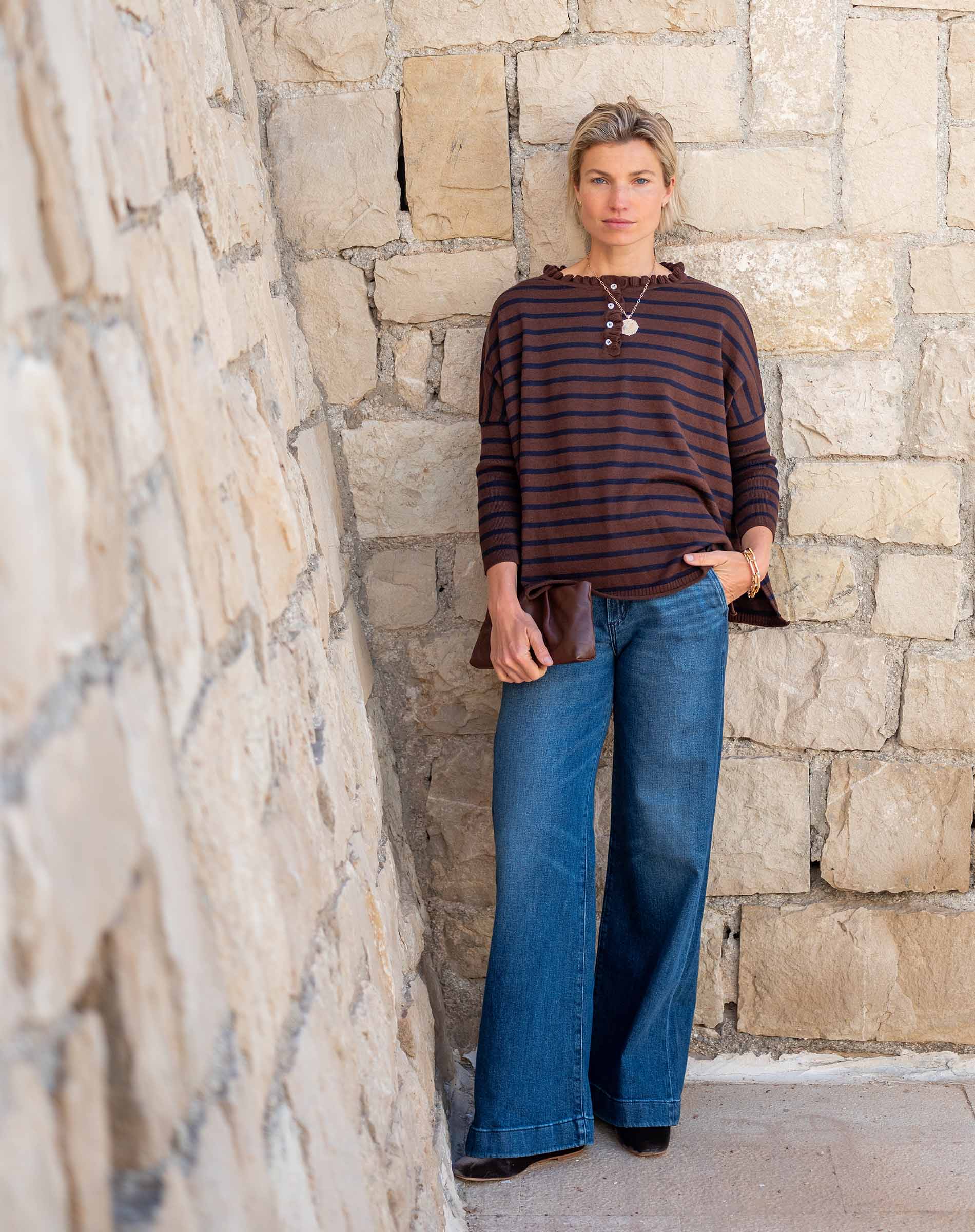 MERSEA ladies' travel-ready walnut and marine striped ruffle henley in a cotton knit.