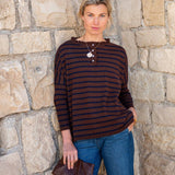 Walnut and marine striped ruffle henley in cotton