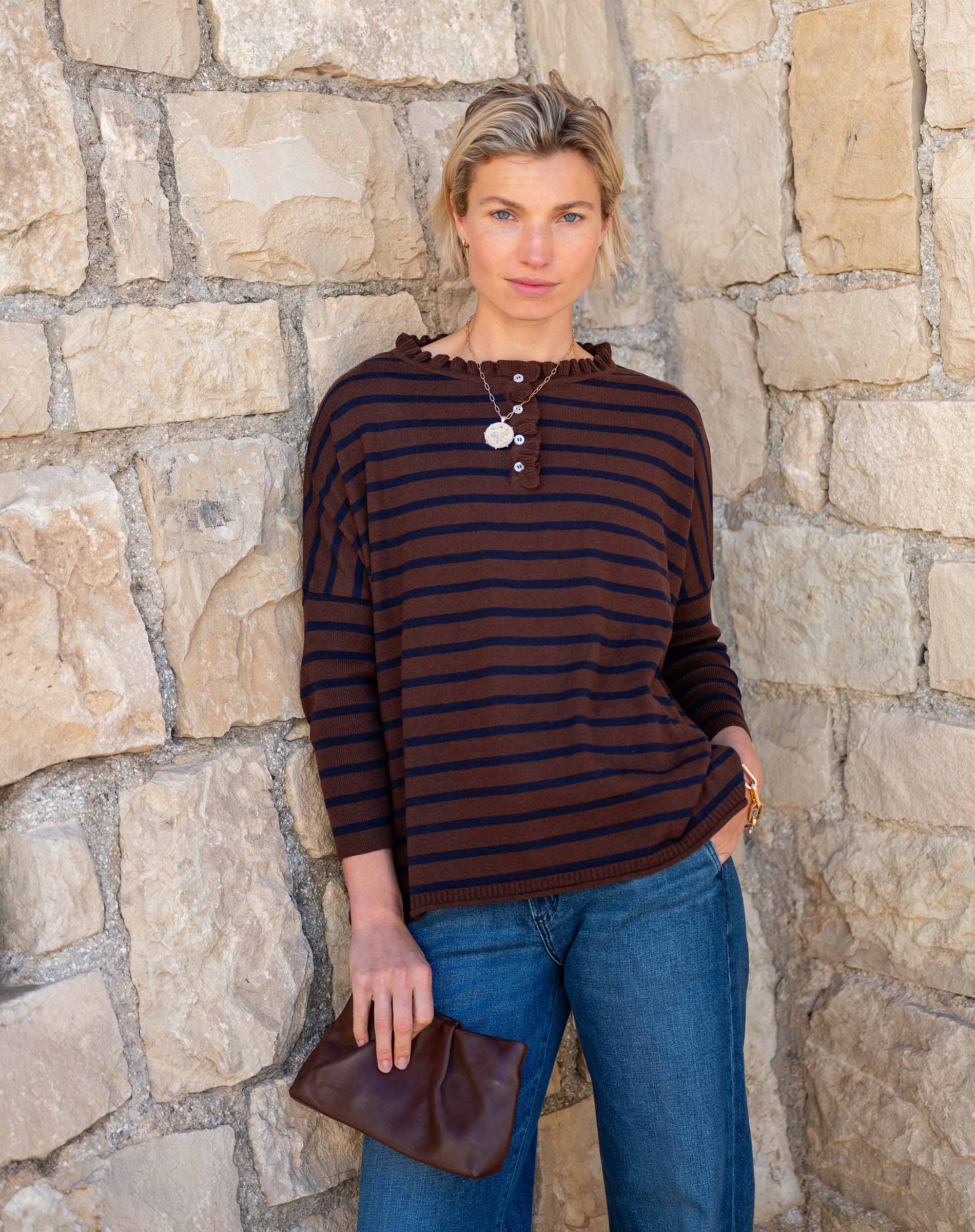 Walnut and marine striped ruffle henley in cotton