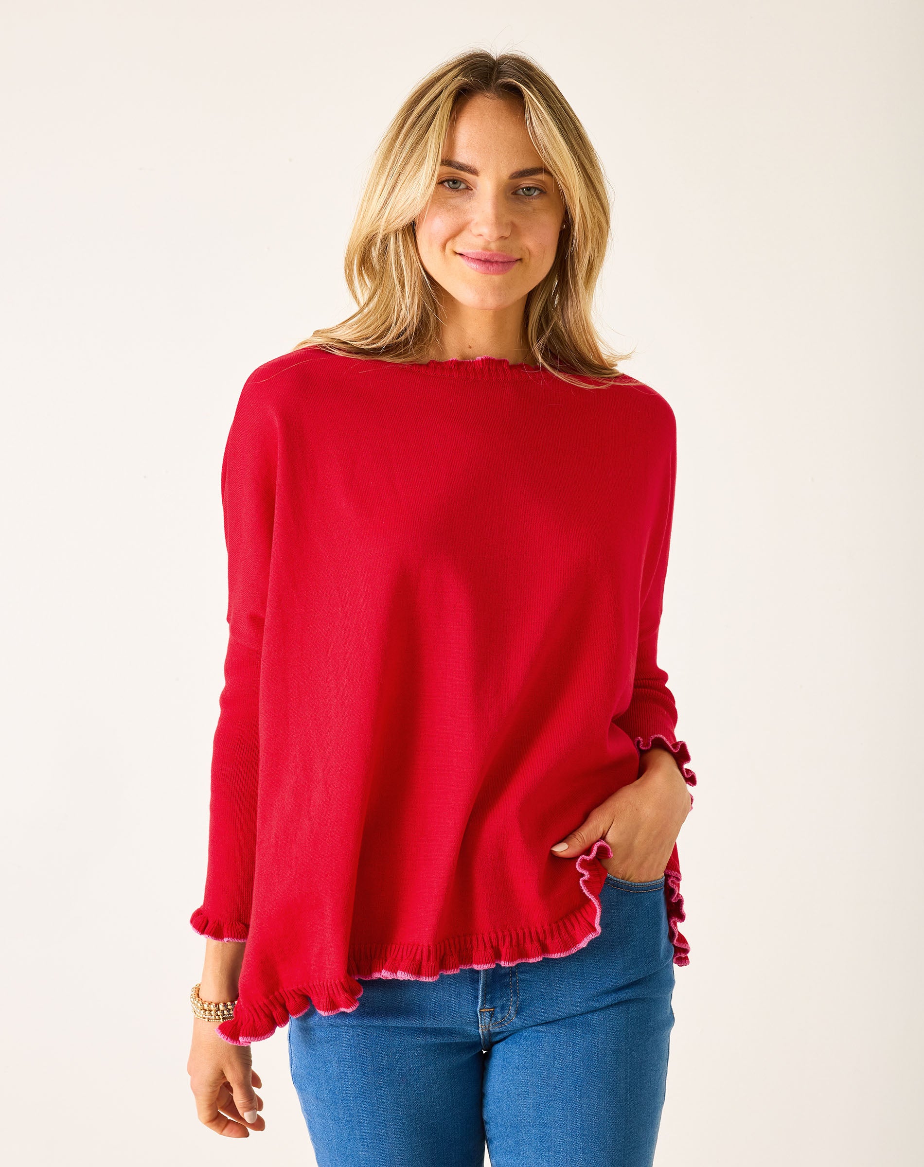 Women's Oversized Cotton Ruffle Holiday Sweater