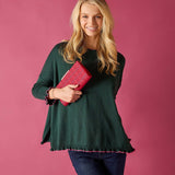 MERSEA women's travel-friendly forest green ruffle knit sweater with a relaxed fit and long sleeves.