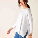 Woman wearing a white blouse and blue jeans against a plain background