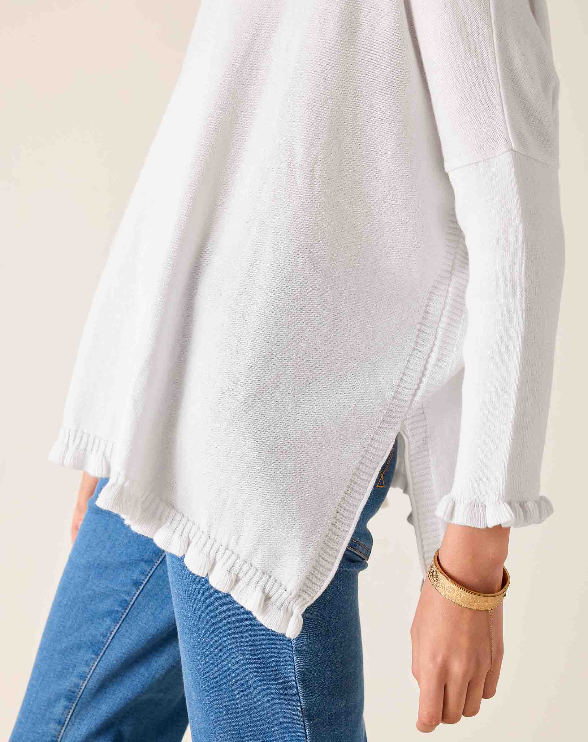 White blouse with ruffled sleeves worn by a person, with a plain background