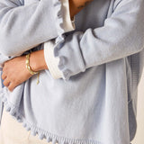 Person wearing a light gray sweater with ruffled cuffs and hem, holding a phone.