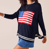 MERSEA women's travel-friendly navy blue knit crewneck top featuring a large American flag graphic.