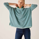 MERSEA women's travel-friendly women's travel-friendly teal and white striped knit crewneck top with long sleeves.
