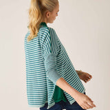Side view of the deep ocean rain horizontal striped crewneck knit top with three-quarter sleeves.