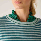 Deep ocean rain striped knit crewneck with a layered green ruffled collar.