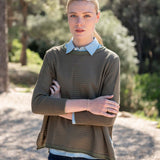 MERSEA women's travel-friendly women's travel-friendly olive green horizontal stripe knit top with a collar and long sleeves.