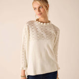 Cream cable-knit sweater with openwork lace detailing and a relaxed fit.