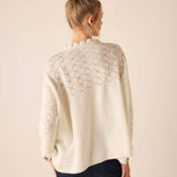 Back view of a cream oversized knit sweater with an open-work pointelle stitch detail and dropped shoulders.
