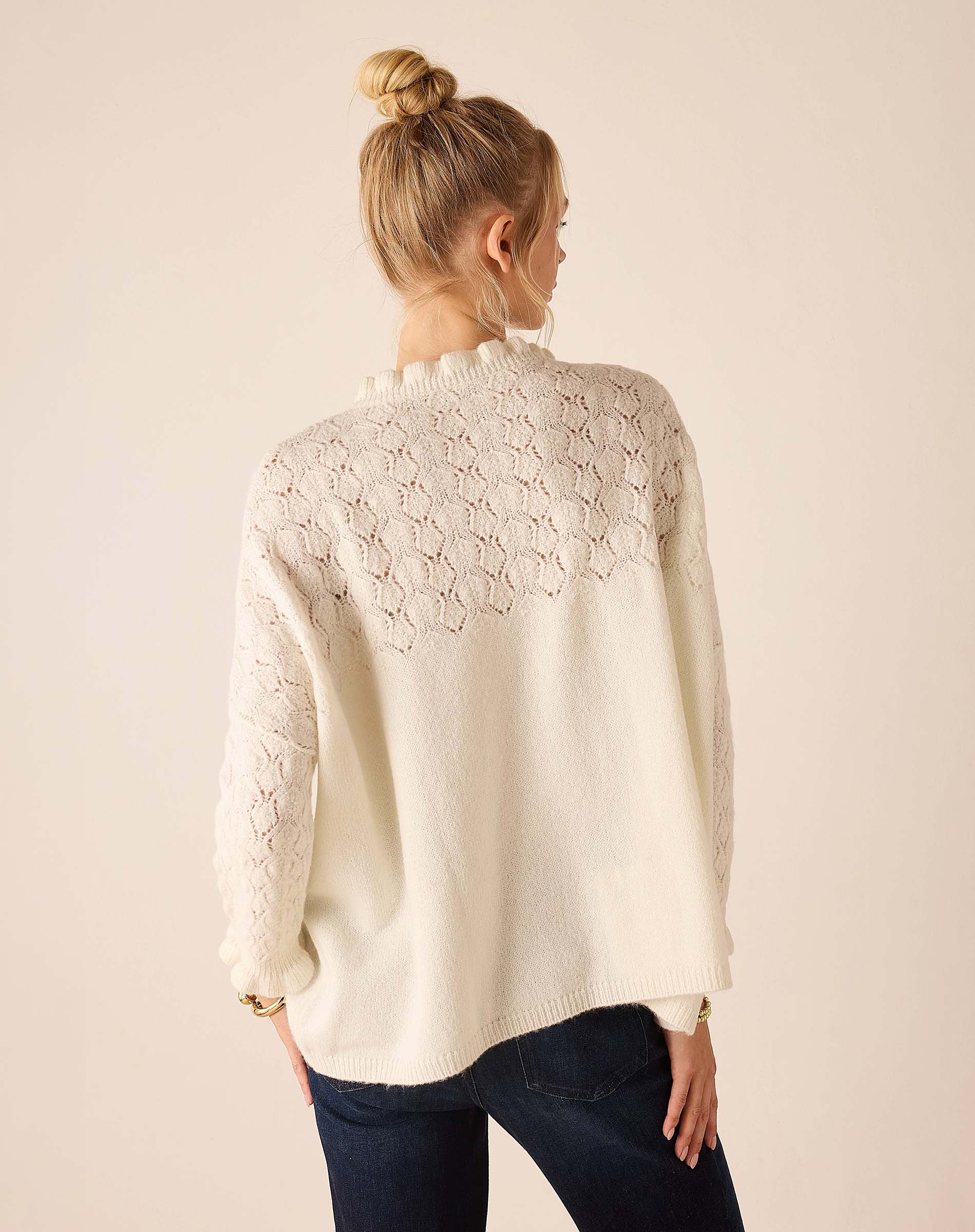 Back view of a cream oversized knit sweater with an open-work pointelle stitch detail and dropped shoulders.