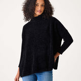 Black chenille knit sweater featuring a cozy chunky texture and wide sleeves.