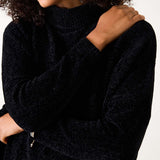 Black chenille knit sweater with a chunky high neck.