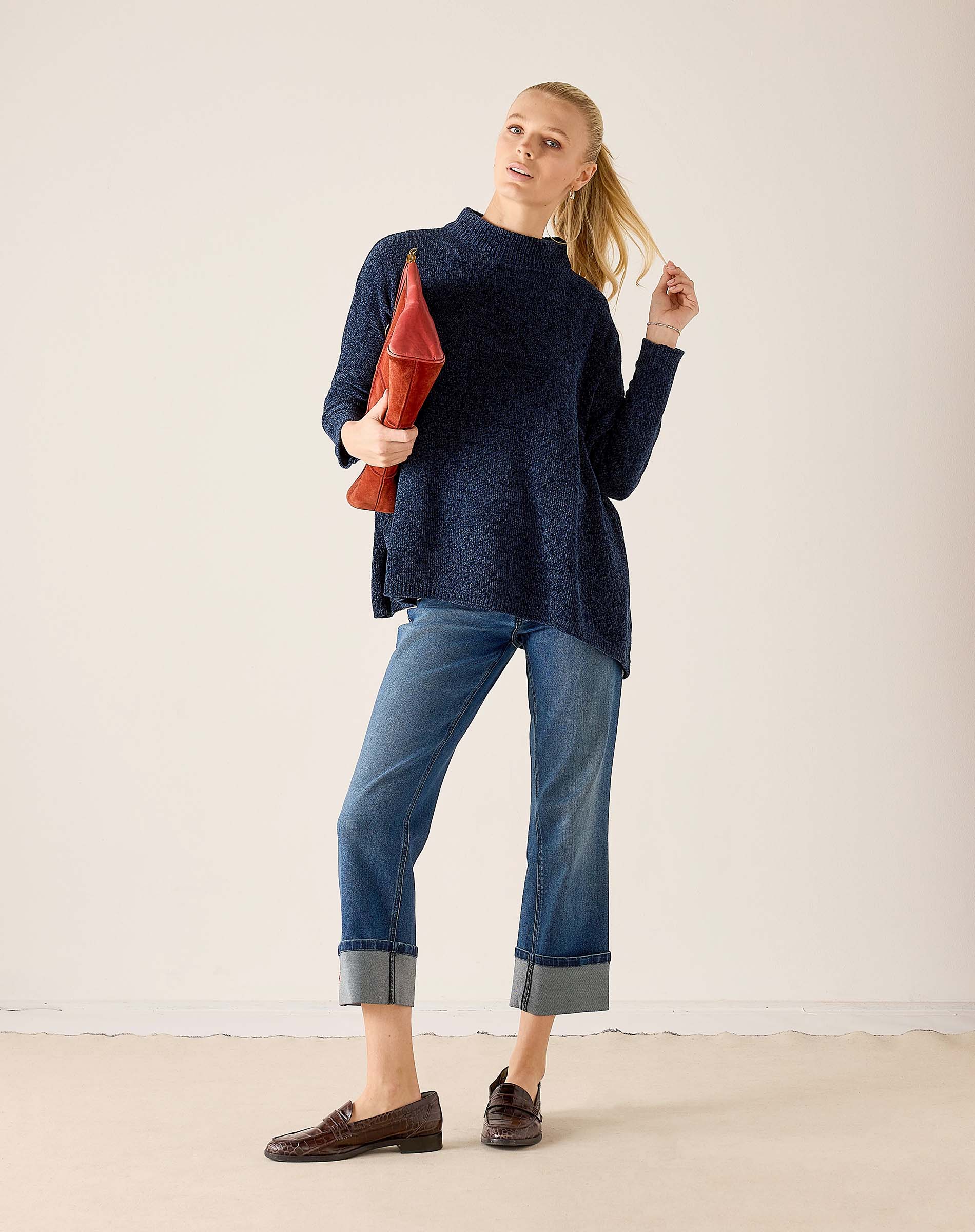 Women's travel-friendly navy mockneck eversoft knit sweater with a relaxed fit.