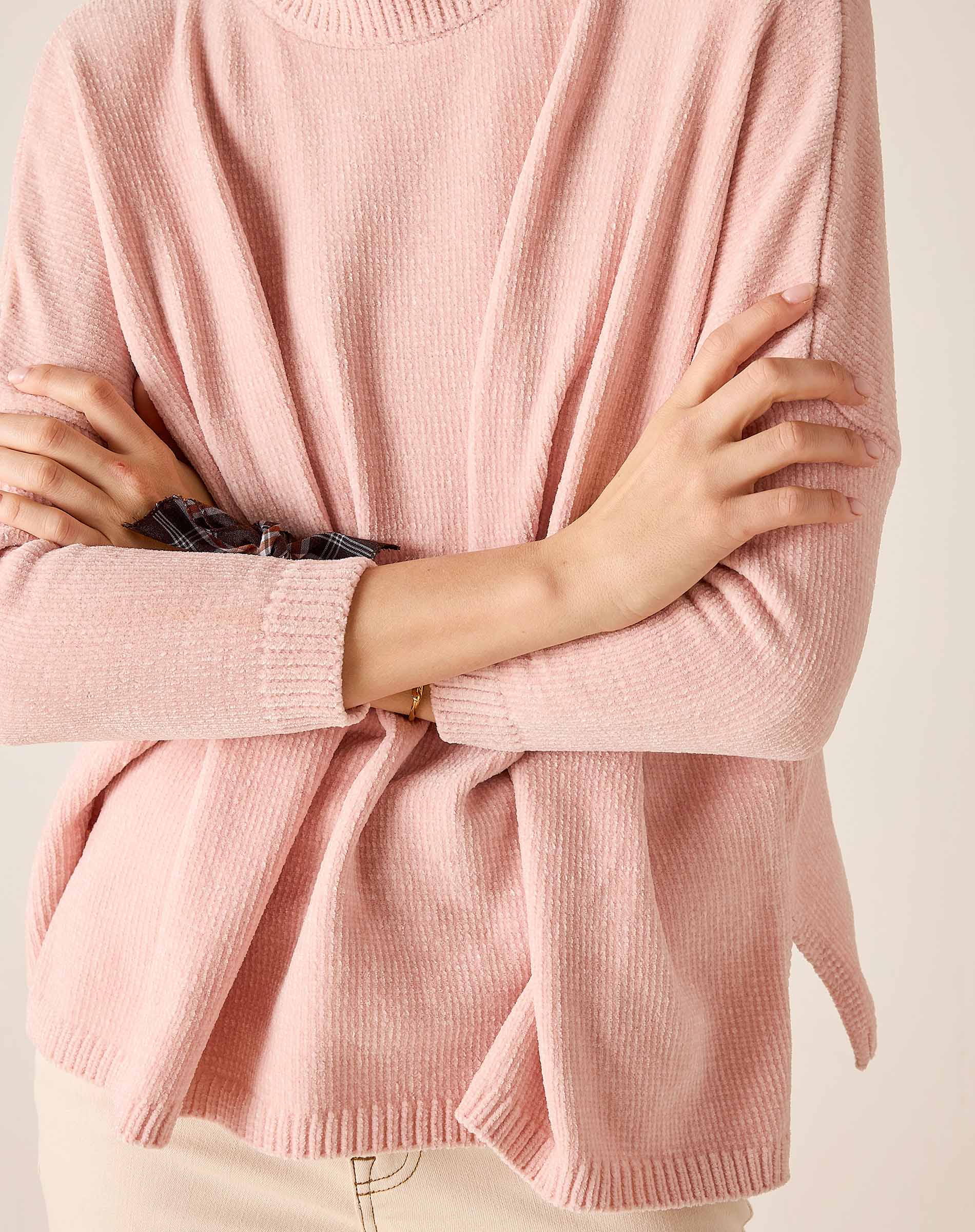 Ballet pink relaxed fit eversoft knit mockneck sweater with ribbed detailing