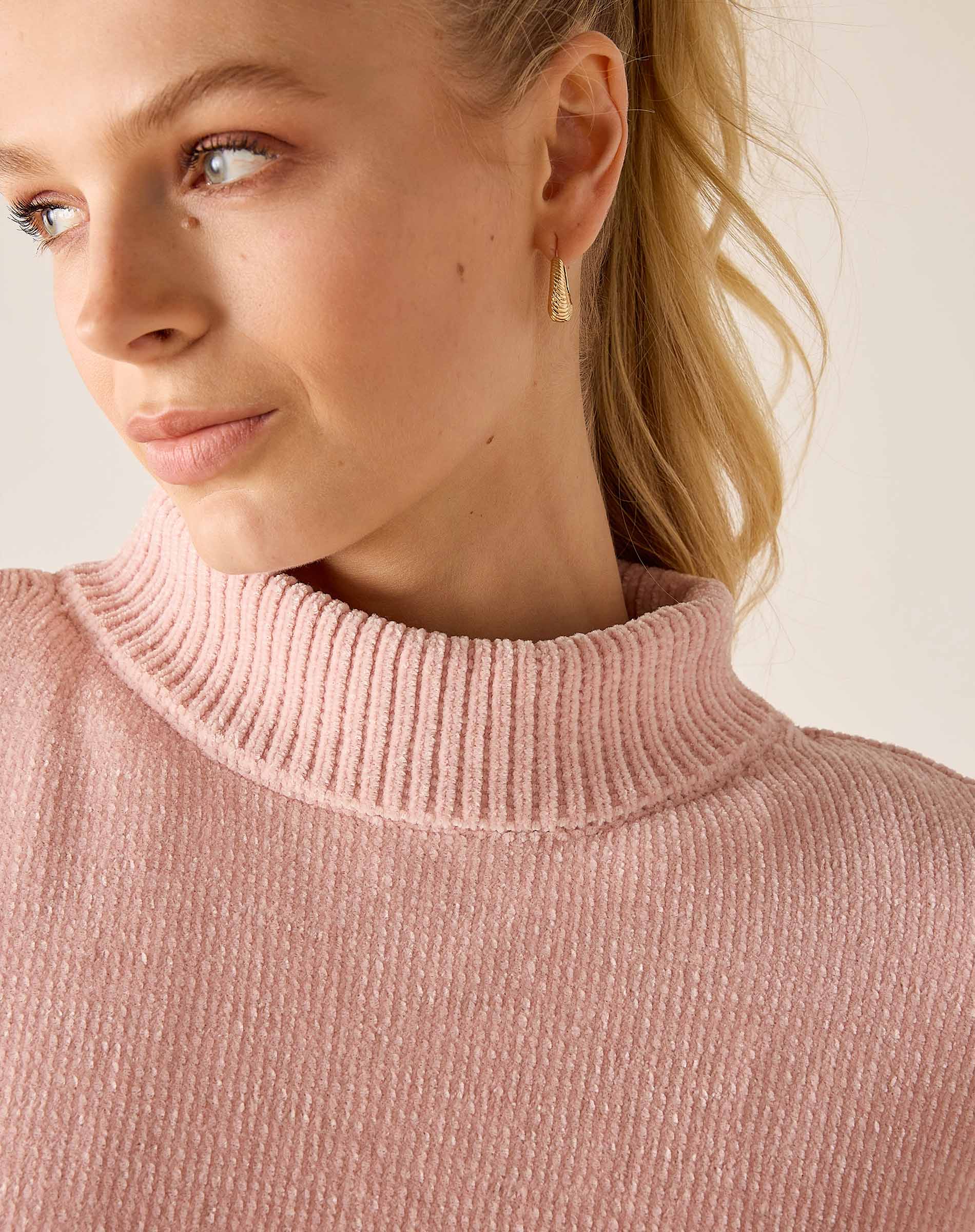 Ballet pink mockneck sweater in eversoft knit.