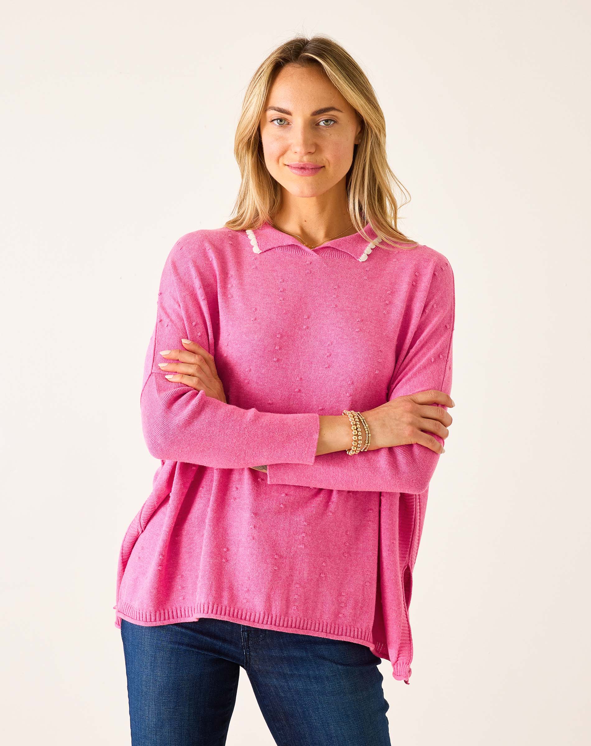 Women's Cotton Pink Polo Sweater with White Trim