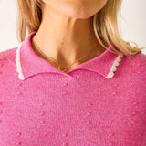 Women's Cotton Pink Polo Sweater with White Trim