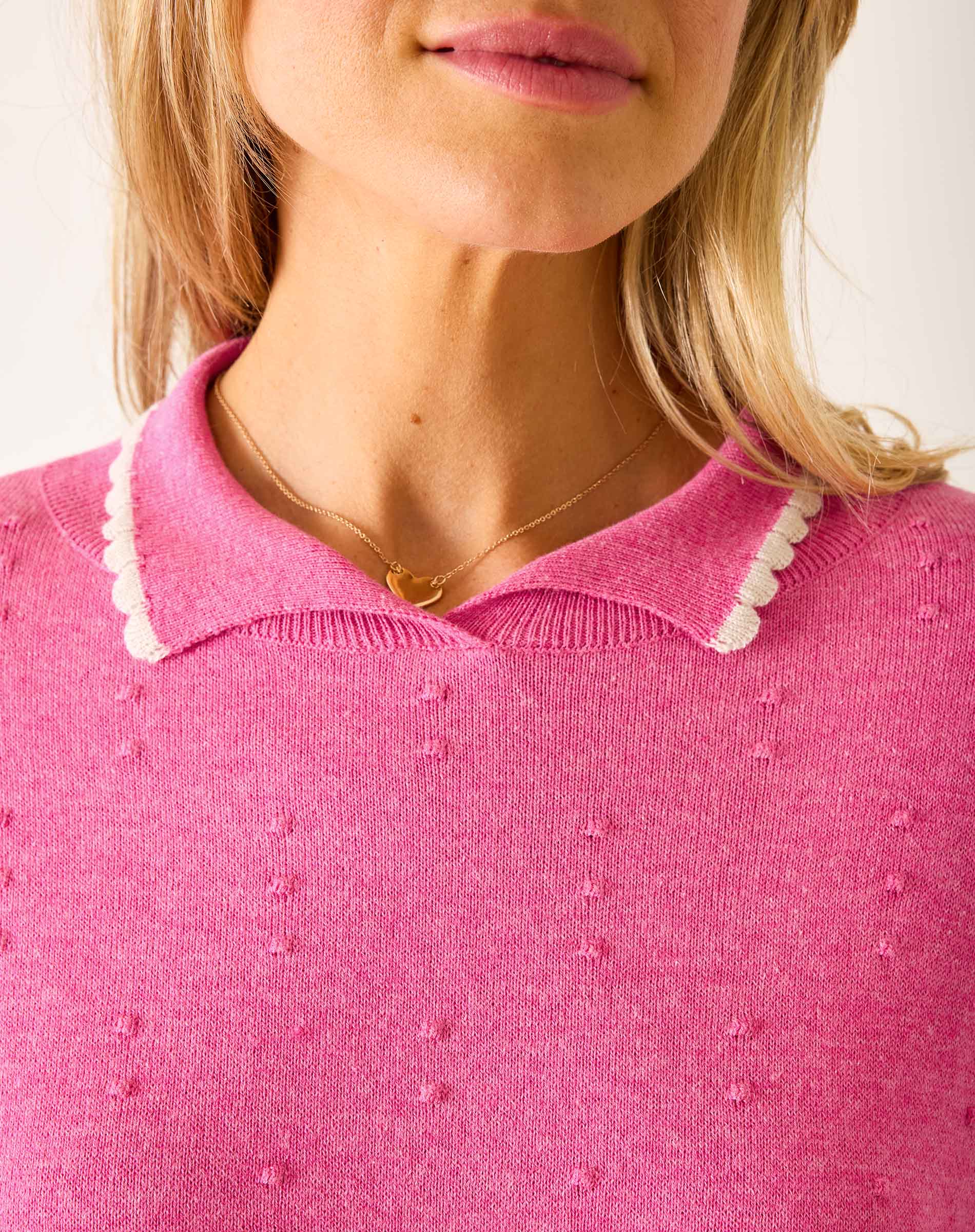 Women's Cotton Pink Polo Sweater with White Trim