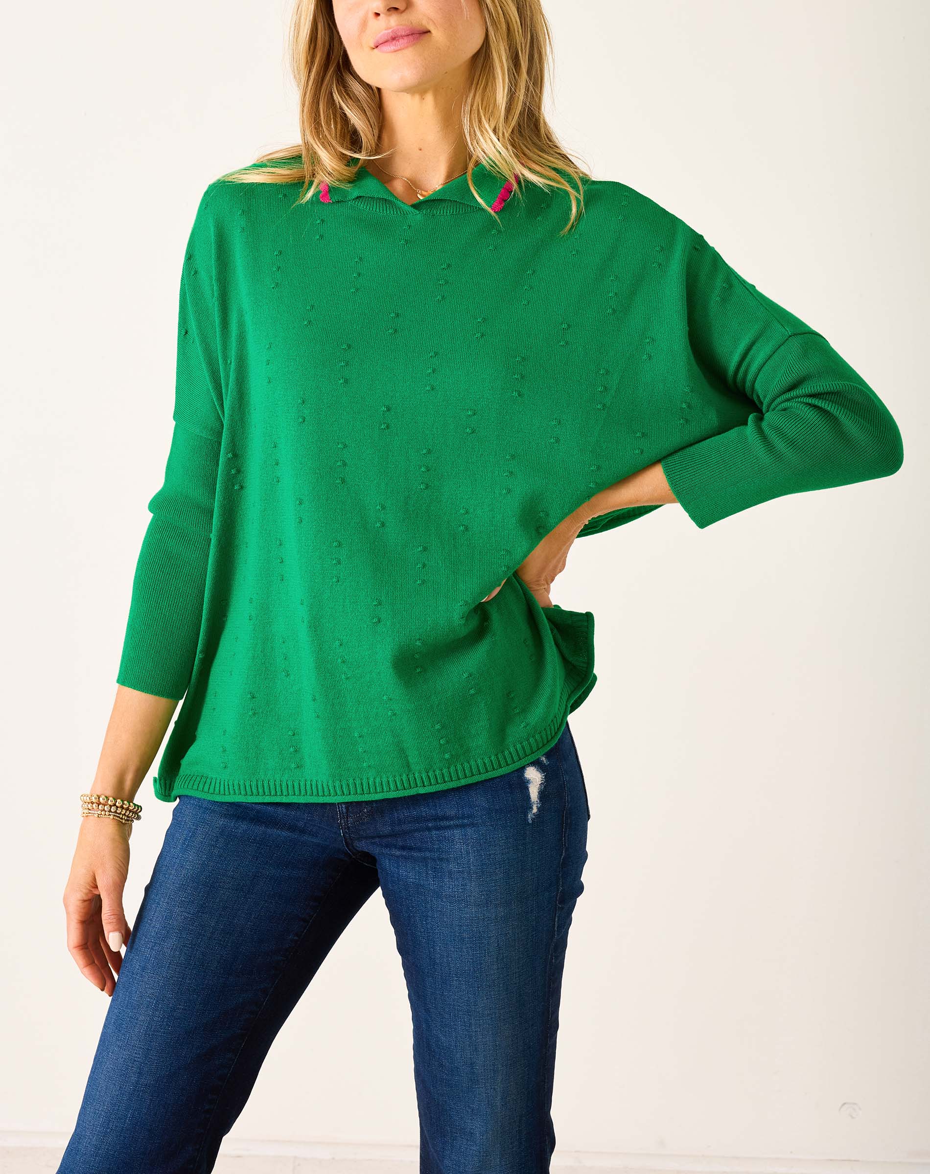 Women's Cotton Green Polo Sweater with Pink Trim