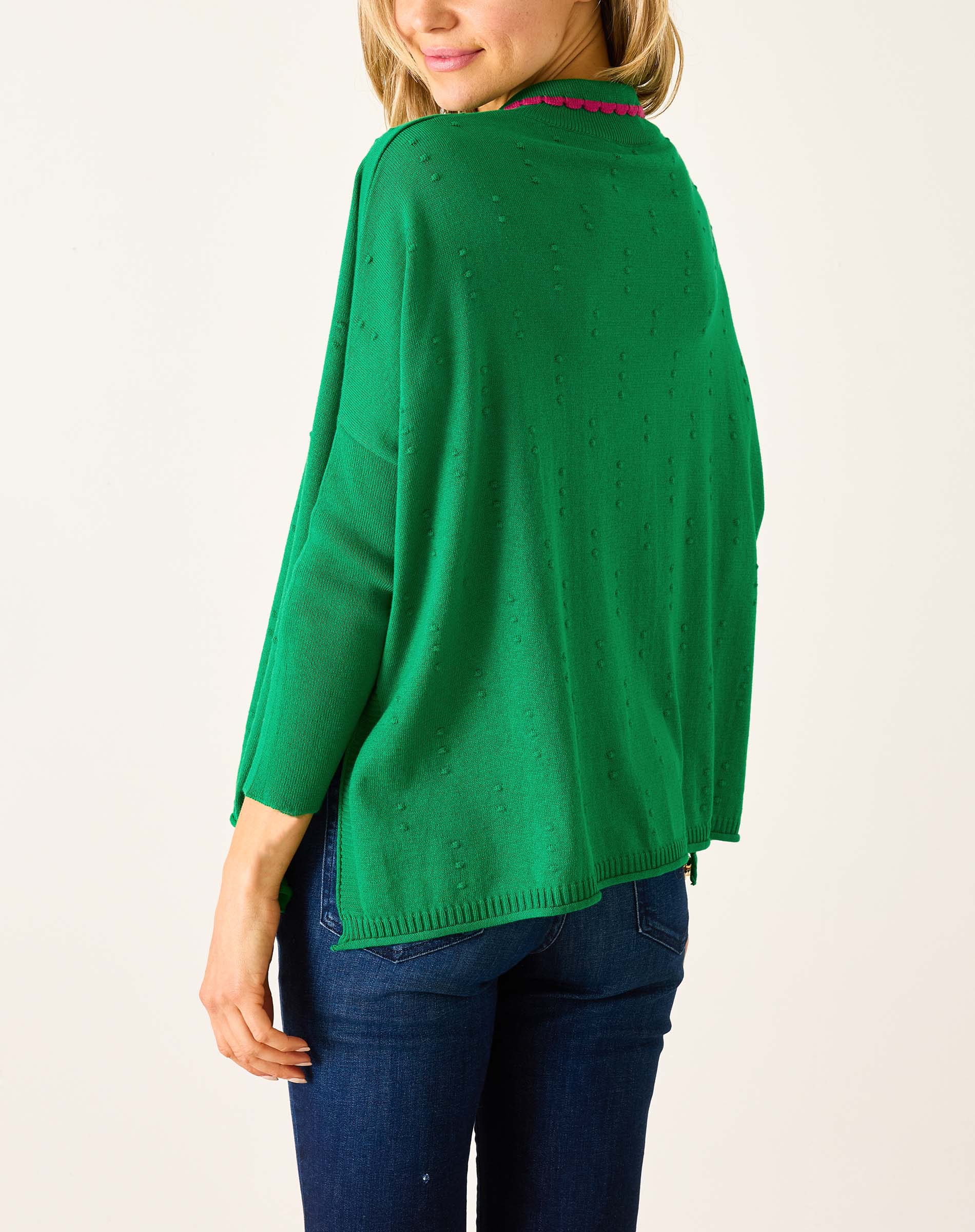 Women's Cotton Green Polo Sweater with Pink Trim