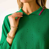 Women's Cotton Green Polo Sweater with Pink Trim
